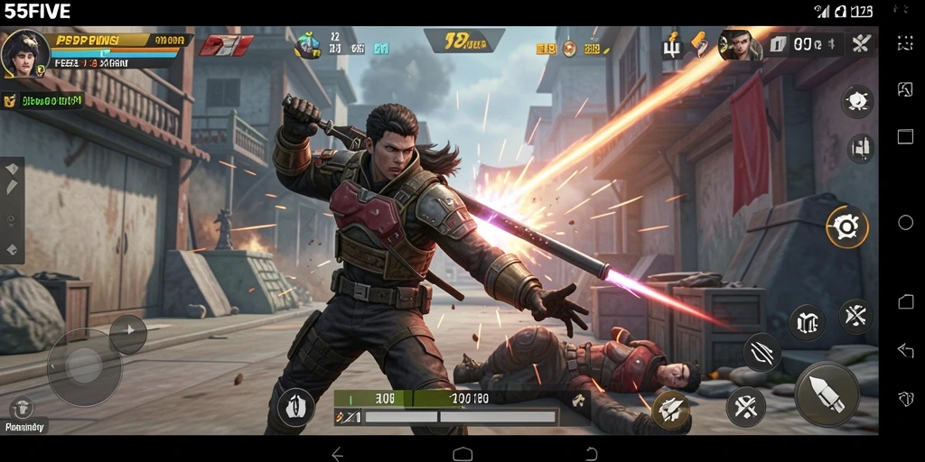 Screenshot gameplay 55FIVE menampilkan aksi tembak-menembak yang mendebarkan.