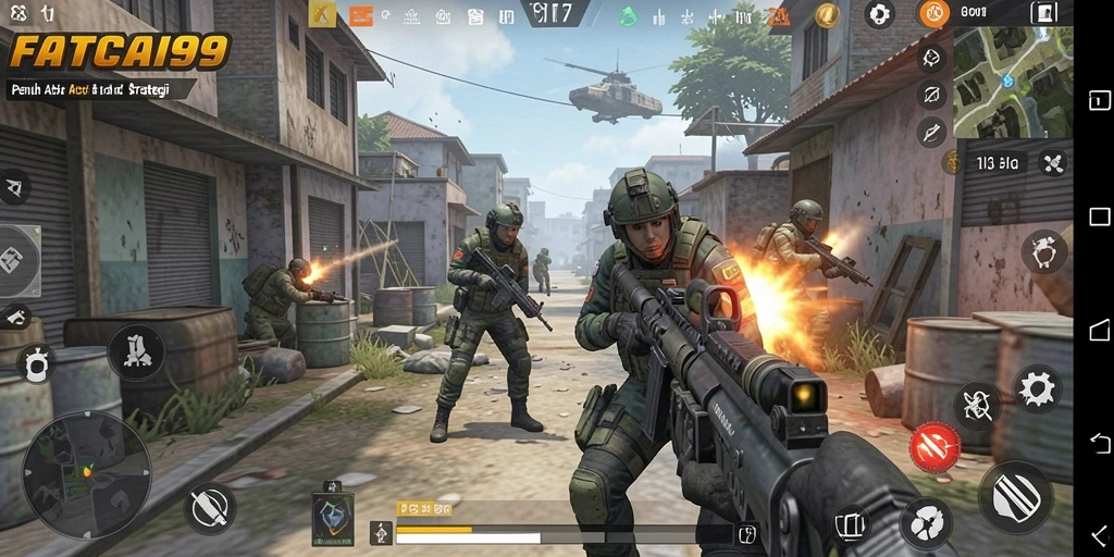 Tangkapan layar gameplay FATCAI99 menampilkan aksi tembak-menembak yang mendebarkan.