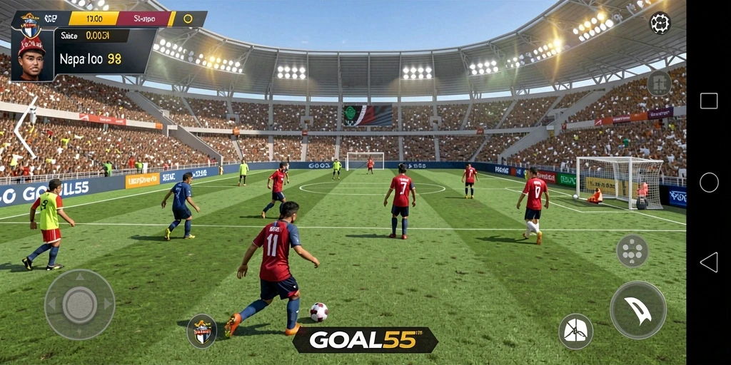 Tampilan gameplay GOAL55 dengan aksi lapangan yang mendebarkan.