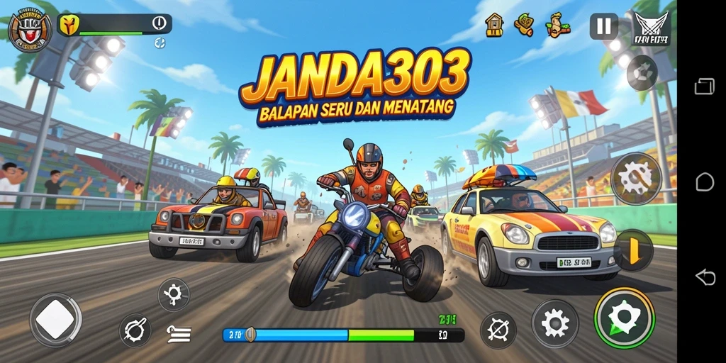 Tampilan gameplay JANDA303 dengan grafik balapan yang menakjubkan.