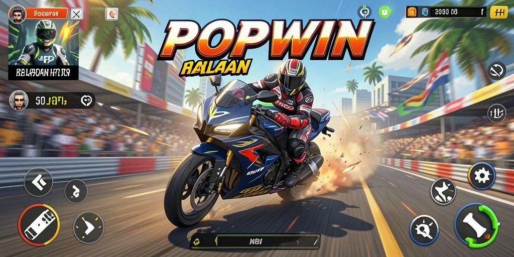 Screenshot utama menunjukkan aksi balap motor yang mendebarkan di POPWIN.